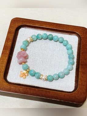 Handmade Natural Amazonite Bracelet | Agate Cute Bunny Charm | 7.5mm